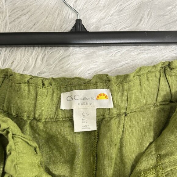 CC  California Lime Green Linen Cropped Pants Wide Leg Scrunched Waist Size L - Picture 8 of 12